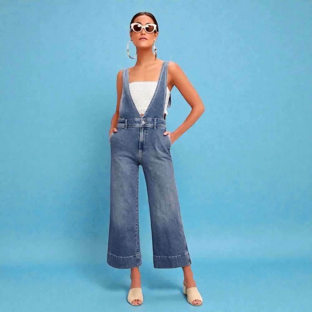 Free People Blue Denim A Line Flare Overalls Women's Size 2